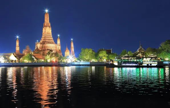 Water, night, the city, lights, Thailand, Bangkok, temples