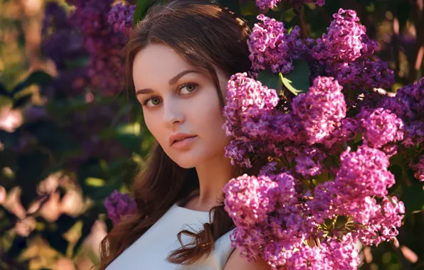 Look, girl, flowers, branches, brunette, lilac