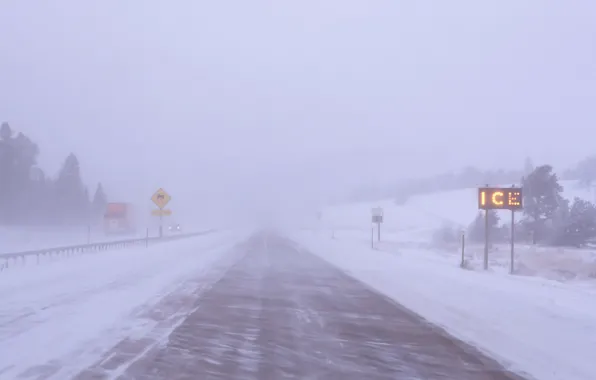 Picture road, snow, fog, Blizzard