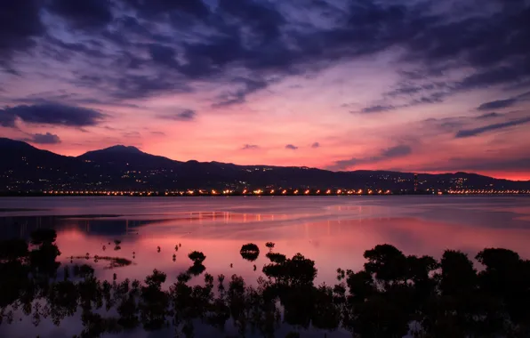 The sky, clouds, the city, lights, Strait, dawn, hills, shore