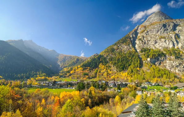 Autumn, mountains, valley, Italy, Valle d'aosta, Courmayeur