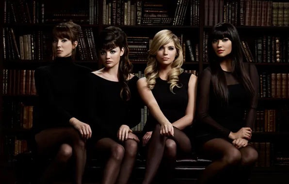 Picture girls, books, four, library, four, Lucy Hale, Ashley Benson, Troian Avery Bellisario
