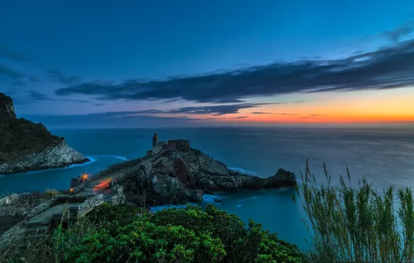 Sea, night, shore, Liguria, Portovenere