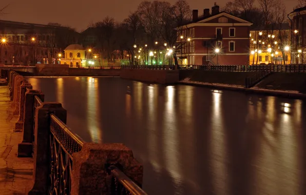 Trees, night, lights, home, lighting, lights, Saint Petersburg, channel