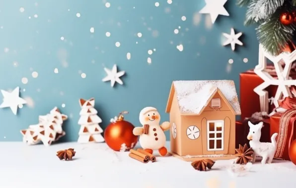 Toys, Christmas, New year, house, snowman, bokeh, AI art, neural network