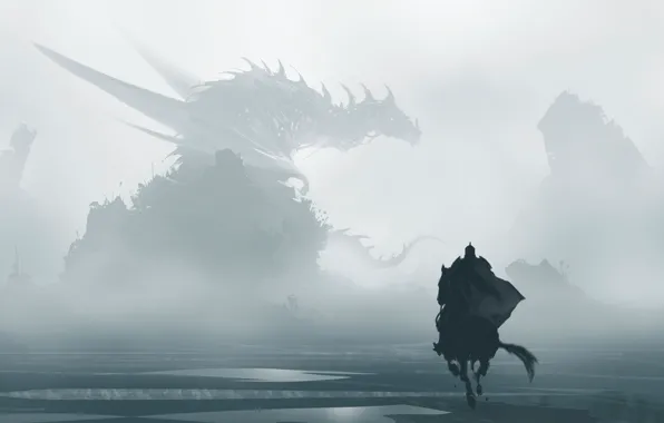 Horse, Fog, Dragon, Monster, Silhouette, Horse, Warrior, Fantasy