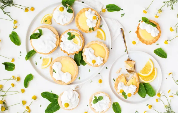 Chamomile, cake, dessert, lemons, cheese, tartlets, lemon