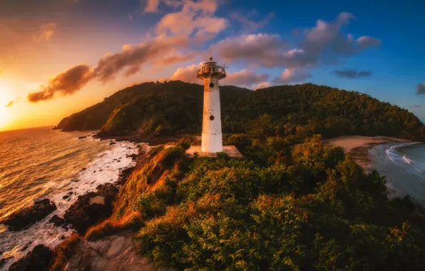 Picture sea, sunset, shore, lighthouse
