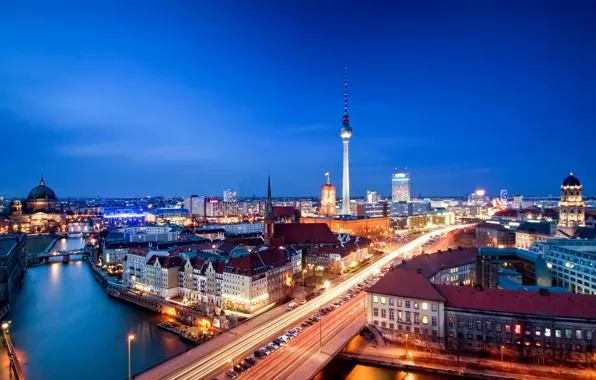 Picture road, machine, night, the city, river, building, home, the evening