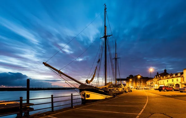 The sky, clouds, sunset, lights, river, ship, England, home