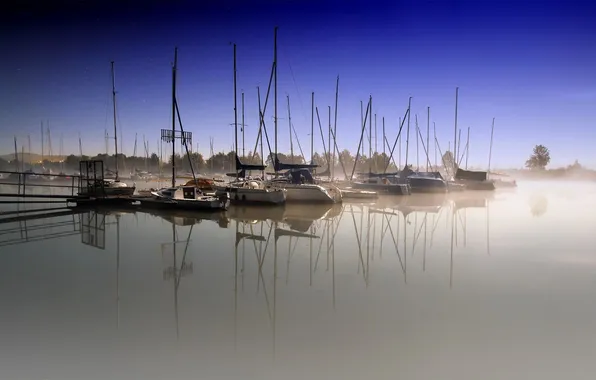 Fog, reflection, boat, yacht, harbour