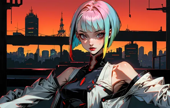 Picture look, the city, blonde, stained glass, beautiful girl, Cyberpunk, Edgerunners, gaming experience