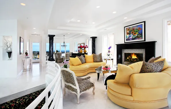 Design, furniture, Villa, interior, fireplace, living room