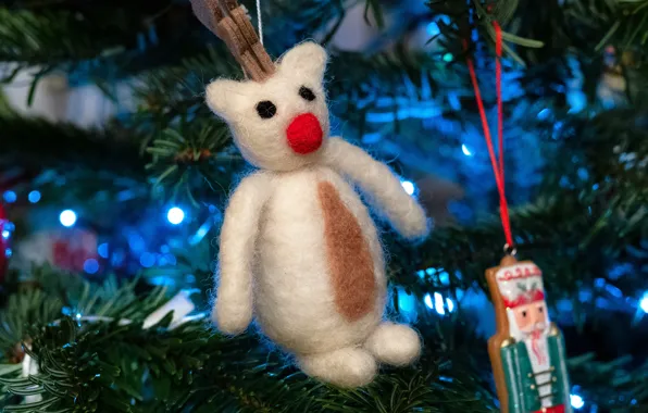 White, branches, toy, bear, bear, New year, tree, needles