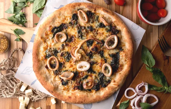 Cheese, pizza, squid, Basil