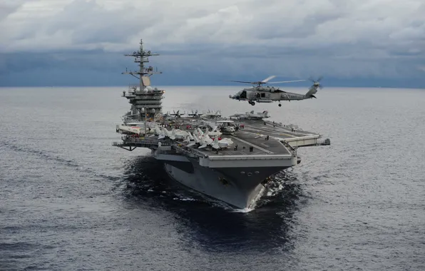 Picture the ocean, the carrier, helicopter, type, "Nimitz", USS Theodore Roosevelt, Sea Hawk, SH-60F
