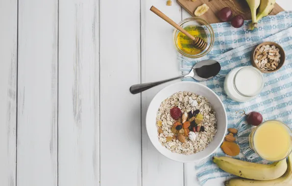 Picture Breakfast, juice, honey, bananas, fruit, nuts, yogurt, dried fruits