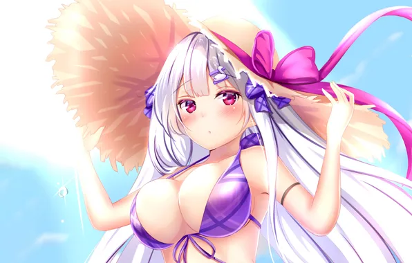Girl, sexy, cleavage, sky, long hair, hat, boobs, anime