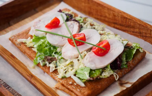 Meat, pancakes, tomato, salad