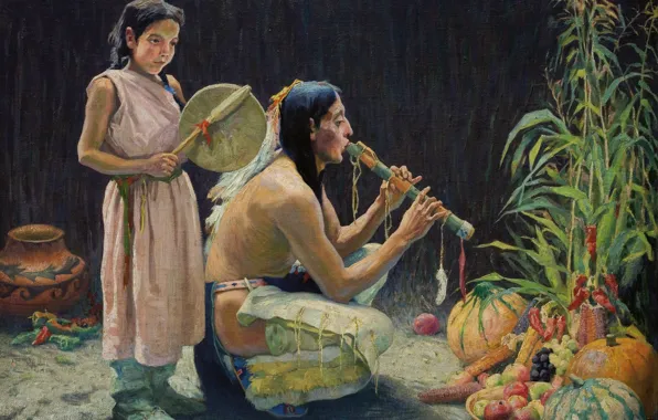 Picture musical instruments, fruits and vegetables, Eanger Irving Couse, The Harvest Song, (c.1920)
