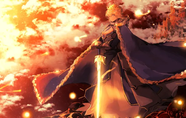 Lights, castle, armor, crown, mantle, woman warrior, Fate / Stay Night, the sky in the …