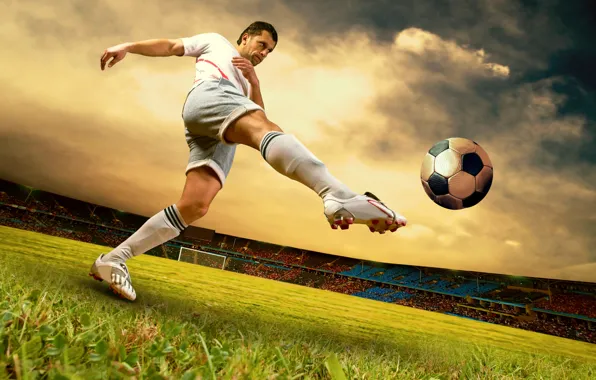 Picture the sky, football, gate, player, stadium, kick the ball