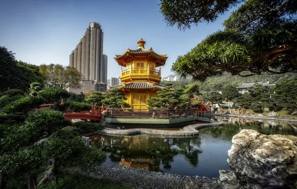 Trees, Hong Kong, garden, pagoda, pond