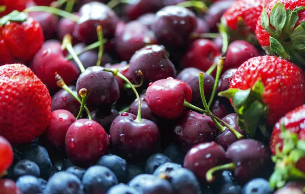 Picture drops, cherry, berries, food, harvest, blueberries, strawberry, red