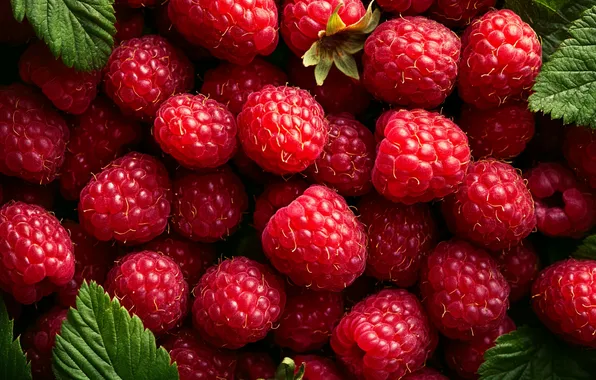 Leaves, macro, berries, raspberry, harvest, a lot, AI art, neural network