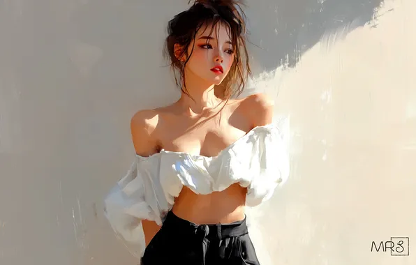 Girl, cleavage, brunette, digital art, artwork, pants, simple background, bare shoulders