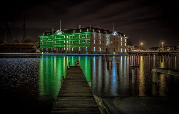 Night, lights, Amsterdam, Netherlands, Museum sudnoplavstva