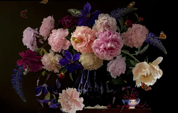 Flowers, cherry, bouquet, fruit, black background, still life, cherry, peonies