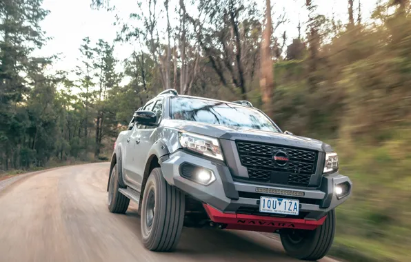 Road, forest, trees, speed, 2021, Nissan Navara, PRO-4X Warrior, Dual Cab