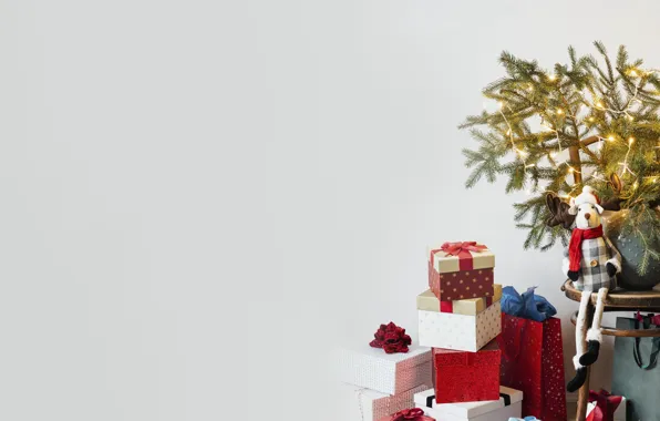 Branches, toy, deer, lights, Christmas, chair, gifts, New year