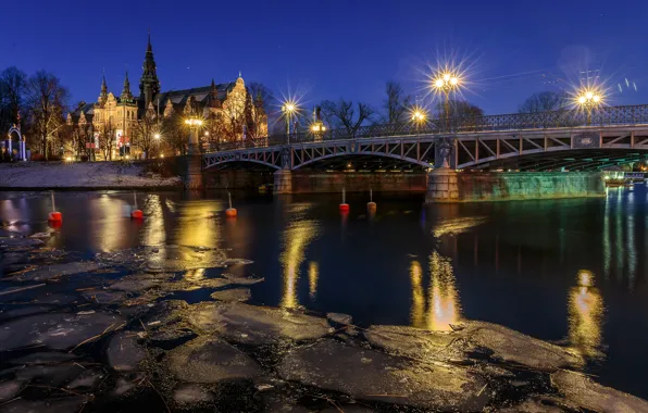 Picture ice, water, snow, trees, night, bridge, lights, river