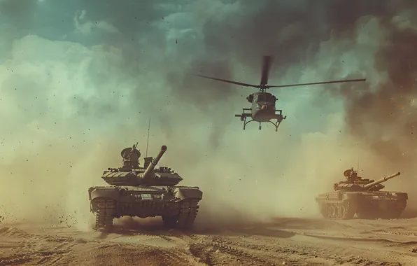 Dust, Smoke, Retro, Helicopter, Tanks, Digital art, AI art, The Art of Artificial Intelligence