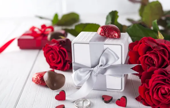 Picture flowers, red, gift, roses, bouquet, hearts, red, love