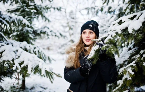 Winter, forest, look, girl, snow, branches, face, pose