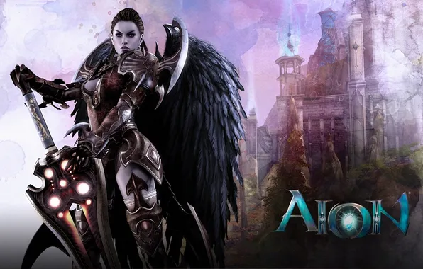 Picture girl, castle, wings, sword, art, Aion