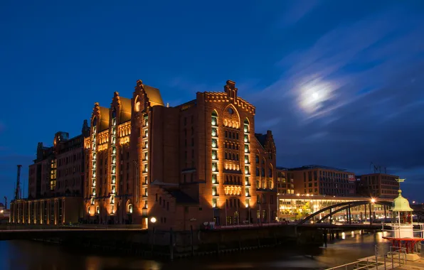 The sky, night, the moon, the building, Germany, lighting, Museum, blue