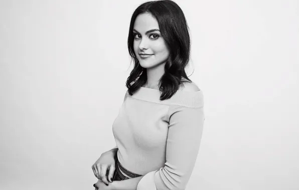 Picture smile, actress, black and white, Camila Mendes