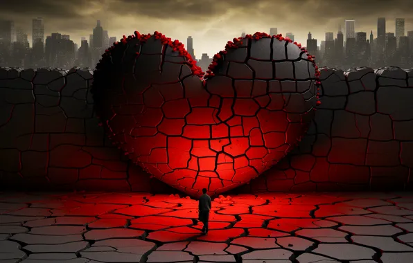 Light, the city, cracked, fantasy, wall, red, heart, the fence