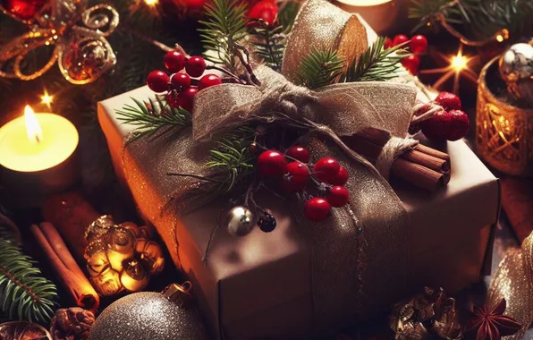Balls, berries, box, gift, candles, fruit, Christmas, New year