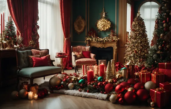 Room, tree, interior, Christmas, New year, fireplace, Christmas, view