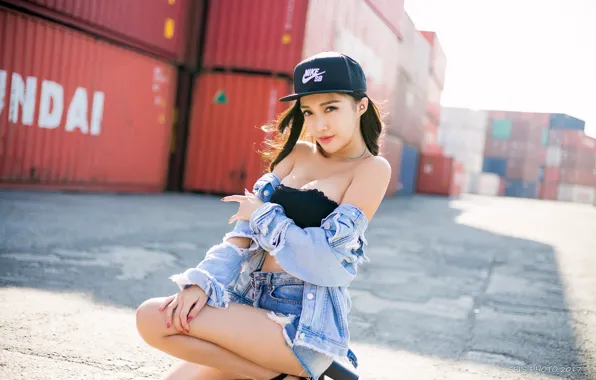 Asphalt, the sun, sexy, pose, model, shorts, makeup, brunette