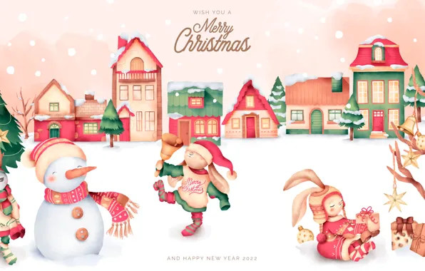Winter, snow, tree, home, Christmas, rabbits, New year, snowman