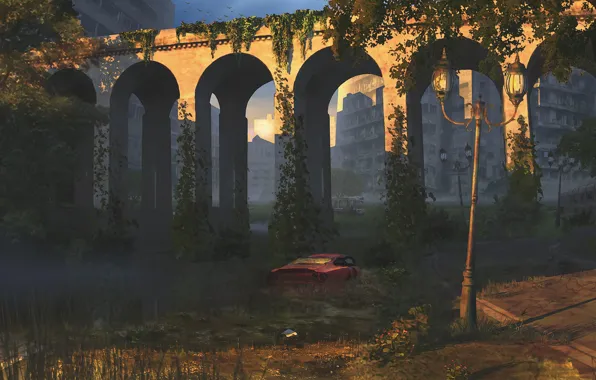 Bridge, vegetation, building, car, One new day