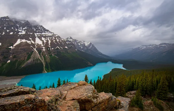Forest, clouds, mountains, lake, stones, shore, dal, ate