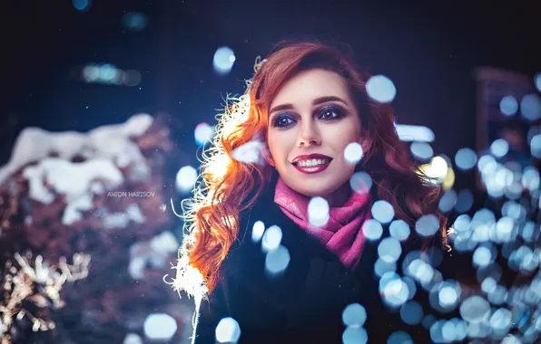 Picture winter, night, lights, smile, glare, model, portrait, makeup