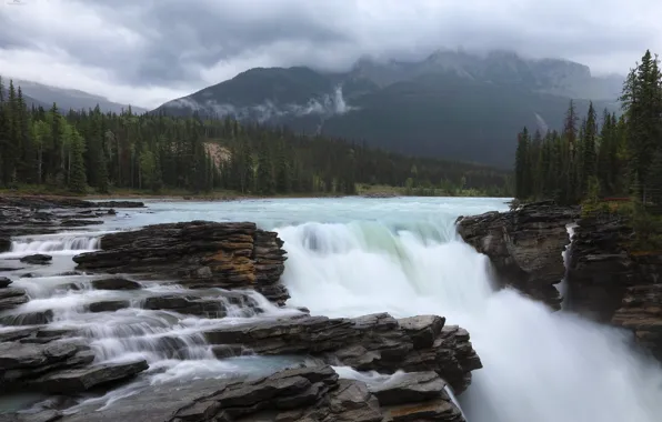 Forest, mountains, river, waterfall, Canada, Albert, Alberta, Canada